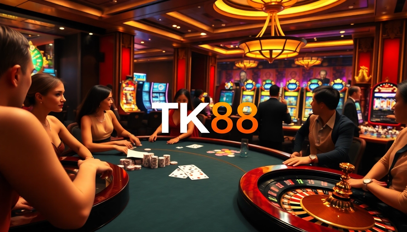 Experience the thrill of TK88 in a luxurious casino filled with poker tables and vibrant slot machines.