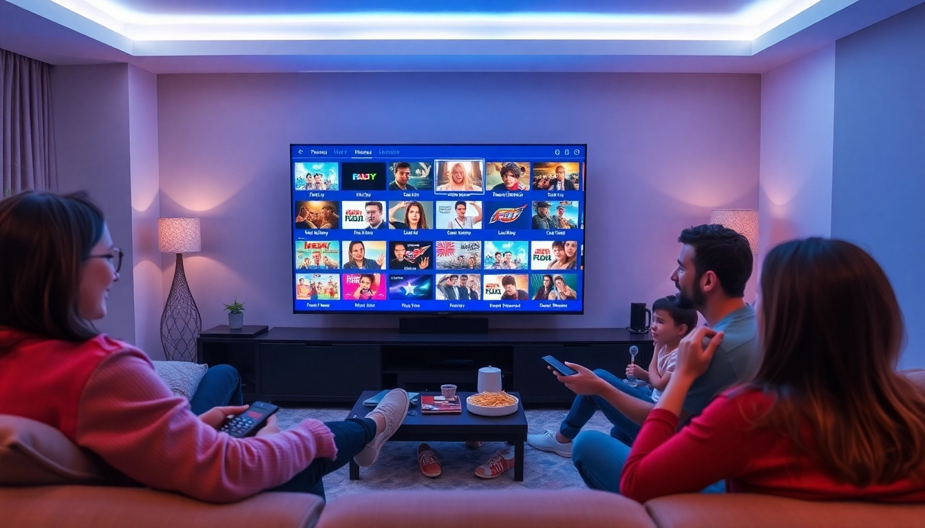 Family enjoying Iron TV Pro IPTV service with diverse HD content in a modern living room.