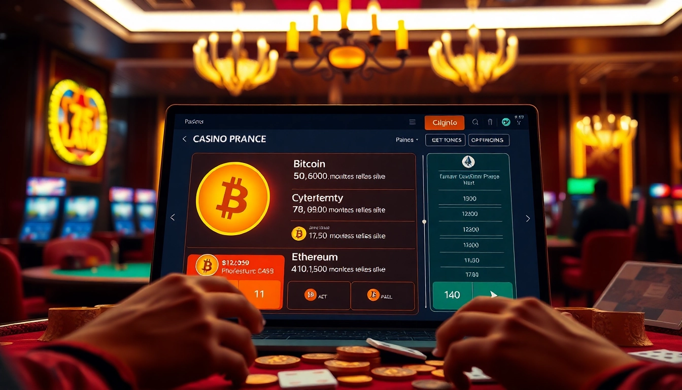 Découvrez une plateforme dynamique de casino crypto en ligne avec un éclairage vibrant et des options de cryptomonnaie.