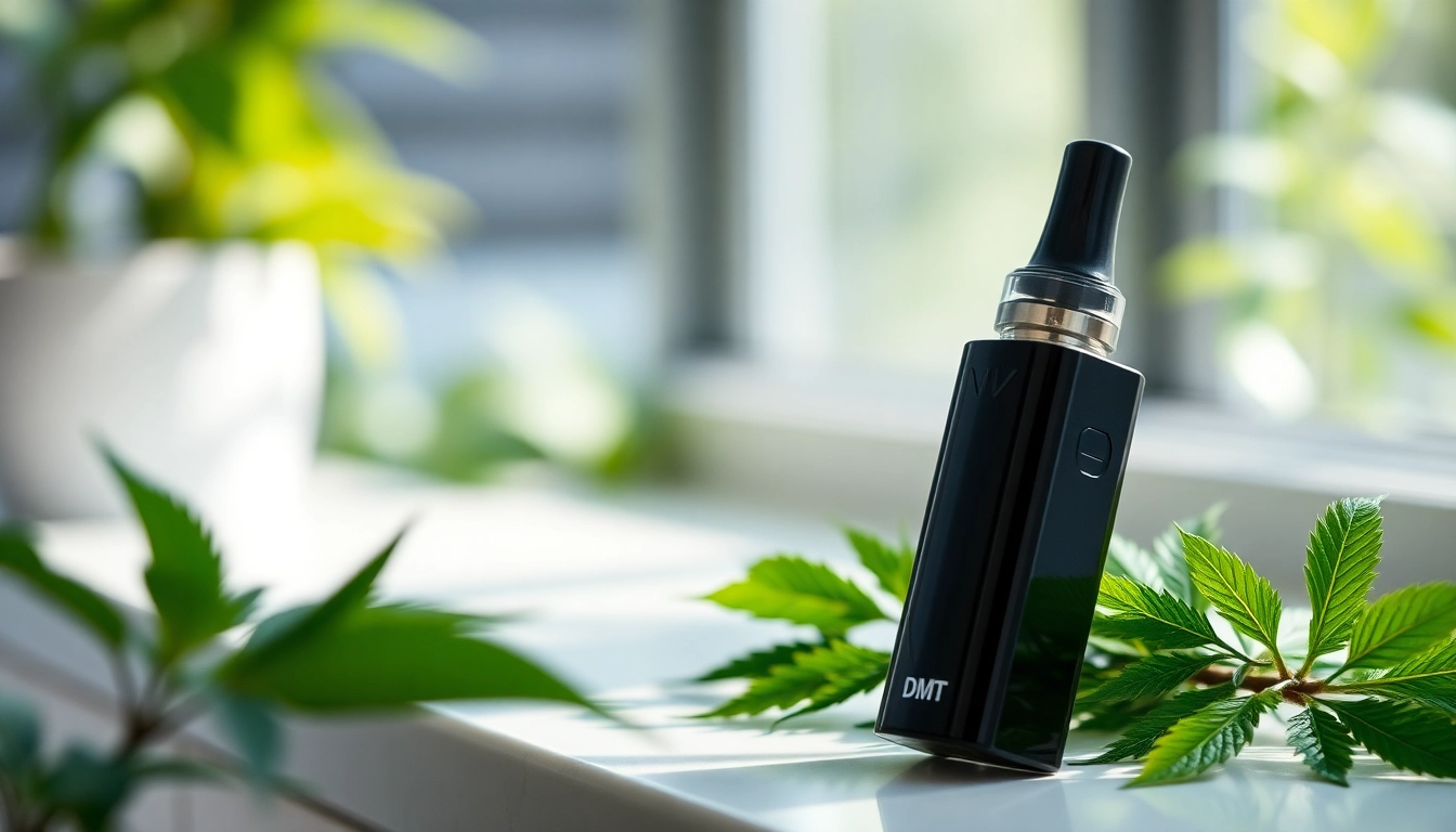 Buy DMT online with this prominently featured vape cartridge against a calming natural backdrop.