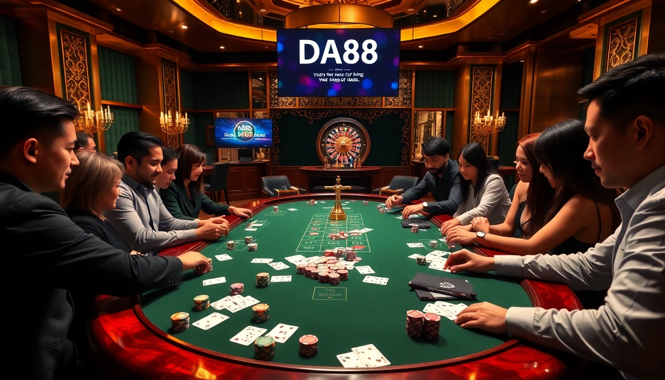 Diversified players strategizing at a vibrant poker table, DA88 prominently displayed, capturing the essence of high-stakes gambling.
