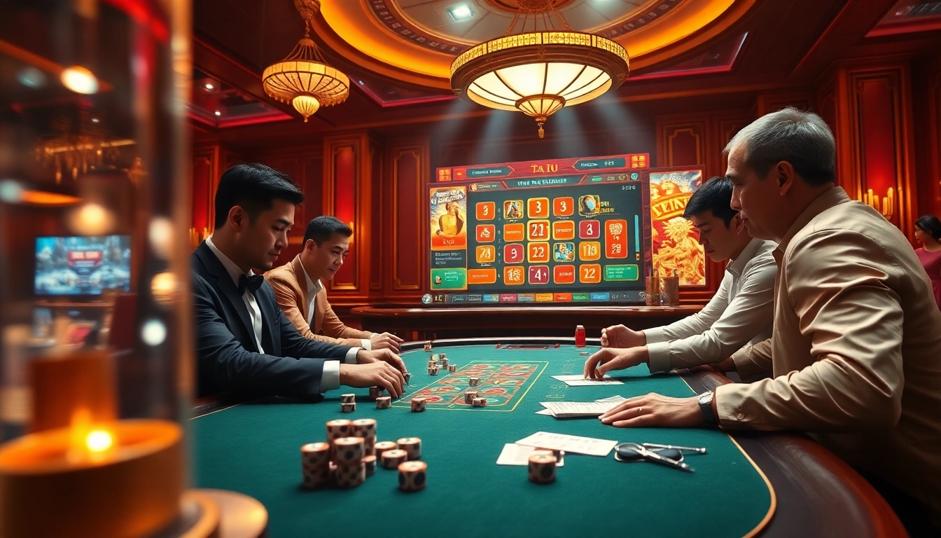 Experience the excitement of tai xiu online with professional players engaging at a vibrant casino table.
